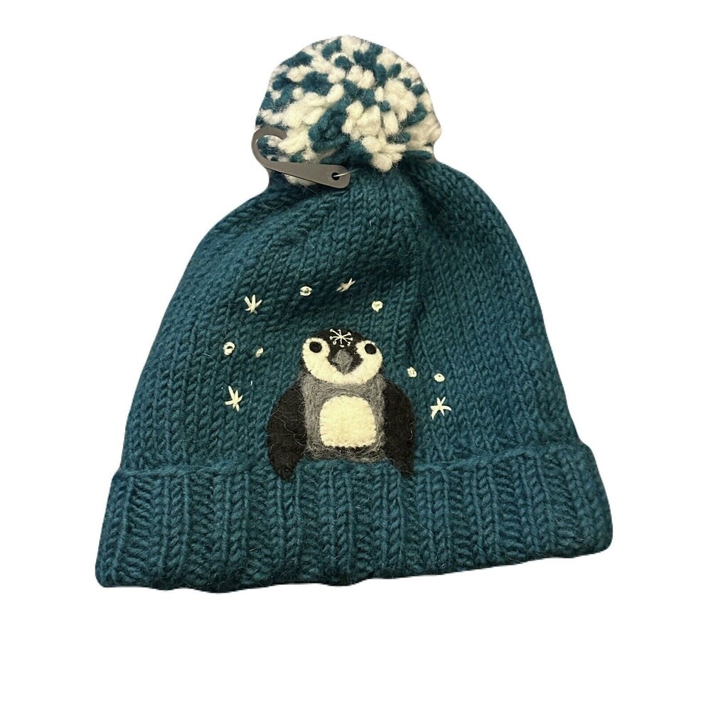 NEW Blakes 100% Wool Child Size M/L Knit Winter Beanie Dark Teal w Penguin Lined